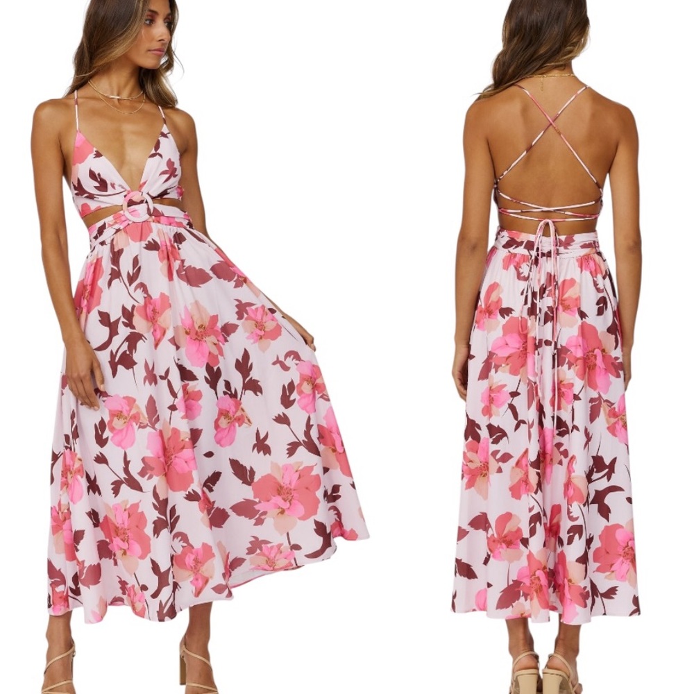 Hello Molly Waiting in the Sun Pink Floral Cutout Crisscross Back Midi Dress - S